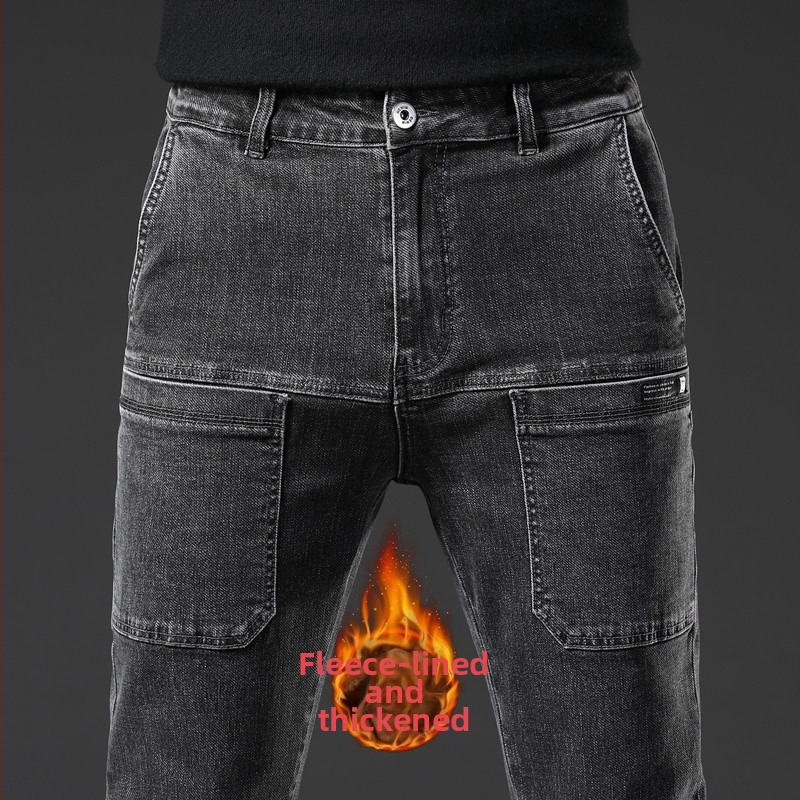 Meeste fleece-voodriga teksad – elastsed, sirge lõikega, keskmine vöö, kuus taskut, denim