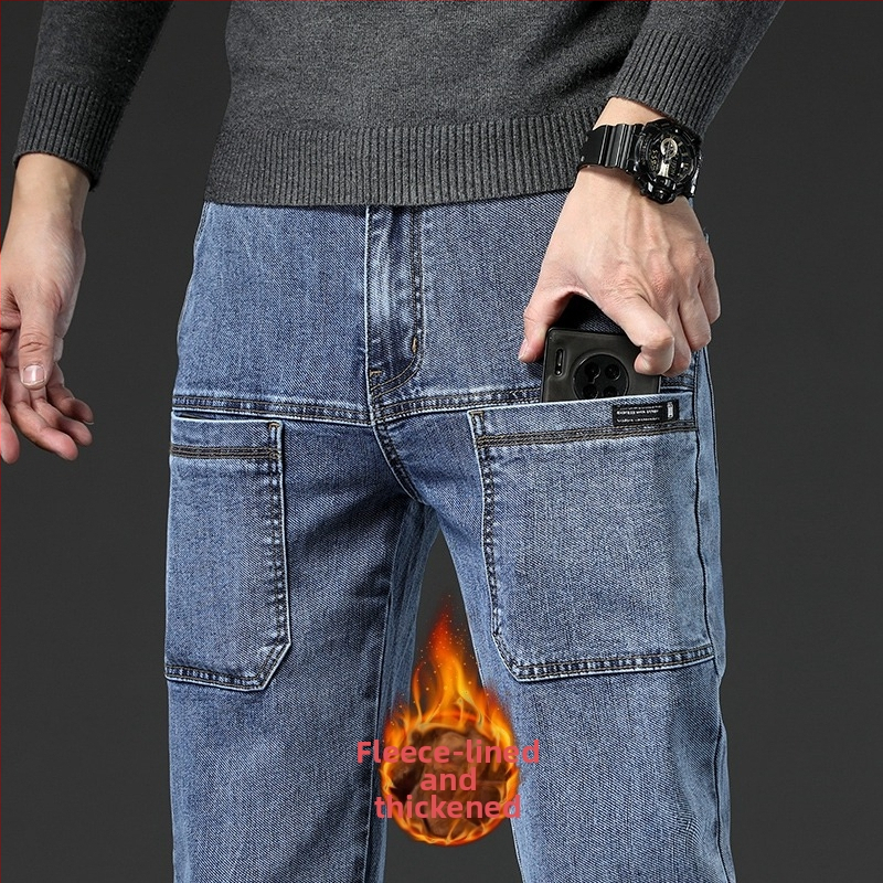 Meeste fleece-voodriga teksad – elastsed, sirge lõikega, keskmine vöö, kuus taskut, denim