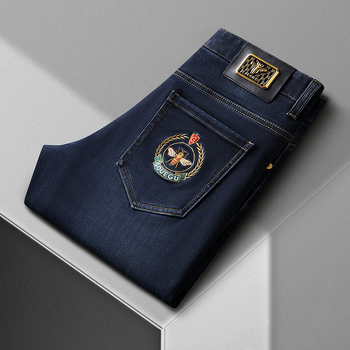 Muške zimske traperice s izvezenim dezenom, denim, uski stretch, ravni kroj, srednji pojas