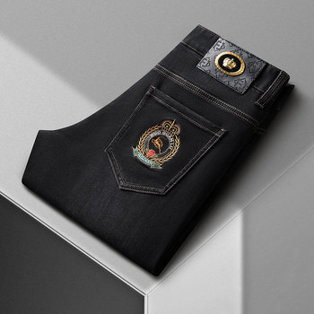 Muške zimske traperice s izvezenim dezenom, denim, uski stretch, ravni kroj, srednji pojas