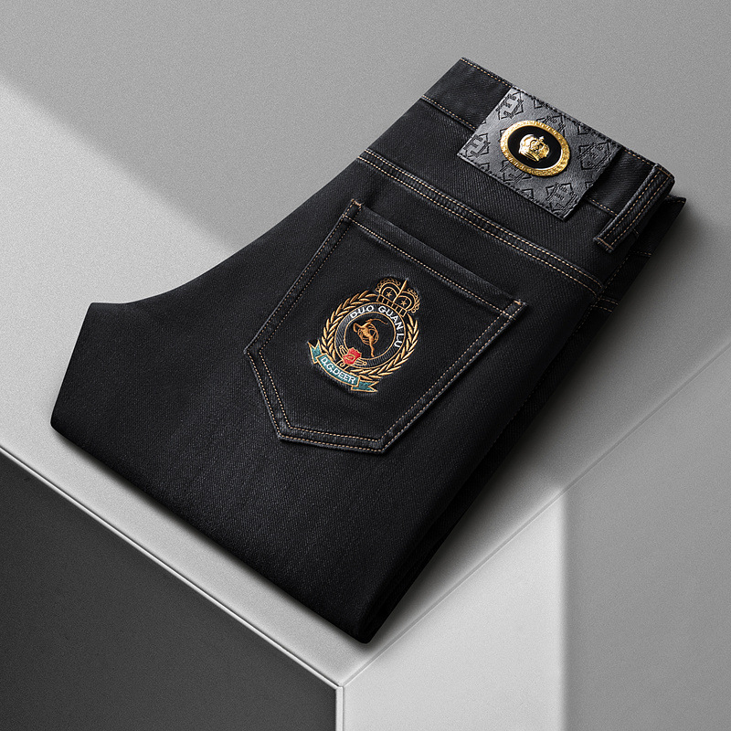 Muške zimske traperice s izvezenim dezenom, denim, uski stretch, ravni kroj, srednji pojas