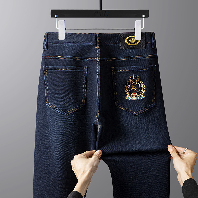 Muške zimske traperice s izvezenim dezenom, denim, uski stretch, ravni kroj, srednji pojas