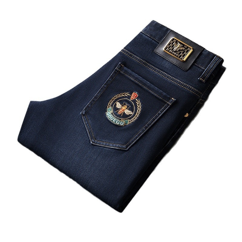 Muške zimske traperice s izvezenim dezenom, denim, uski stretch, ravni kroj, srednji pojas