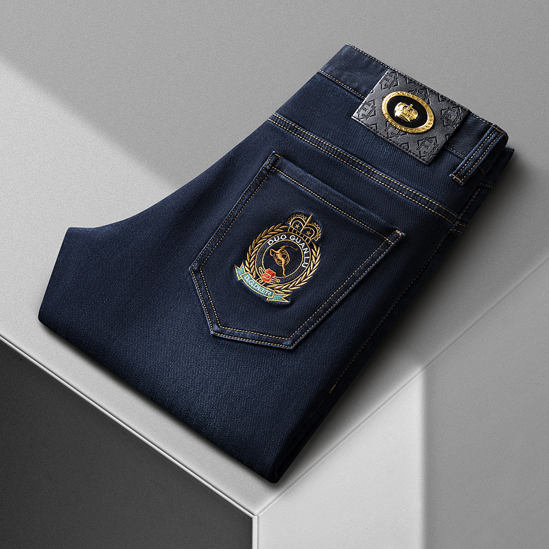 Muške zimske traperice s izvezenim dezenom, denim, uski stretch, ravni kroj, srednji pojas