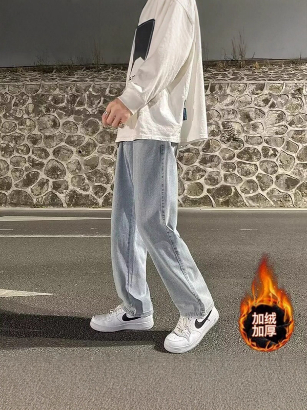 Férfi egyenes szabású farmer Hongkong-stílusban, fleece belsővel, 50% pamut, cipzáras zárás