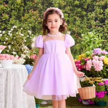 Meitenēm paredzēta mežģīņu tīkla kleita ar princeses piedurknēm, 100% poliestera adīta auduma, A-līnijas siluets, vecums 3–8 gadi