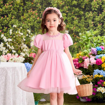 Meitenēm paredzēta mežģīņu tīkla kleita ar princeses piedurknēm, 100% poliestera adīta auduma, A-līnijas siluets, vecums 3–8 gadi