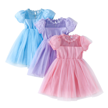 Meitenēm paredzēta mežģīņu tīkla kleita ar princeses piedurknēm, 100% poliestera adīta auduma, A-līnijas siluets, vecums 3–8 gadi