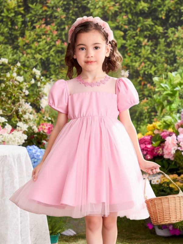 Meitenēm paredzēta mežģīņu tīkla kleita ar princeses piedurknēm, 100% poliestera adīta auduma, A-līnijas siluets, vecums 3–8 gadi