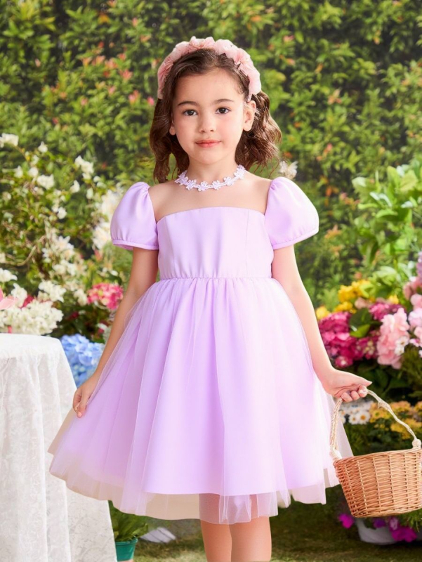 Meitenēm paredzēta mežģīņu tīkla kleita ar princeses piedurknēm, 100% poliestera adīta auduma, A-līnijas siluets, vecums 3–8 gadi