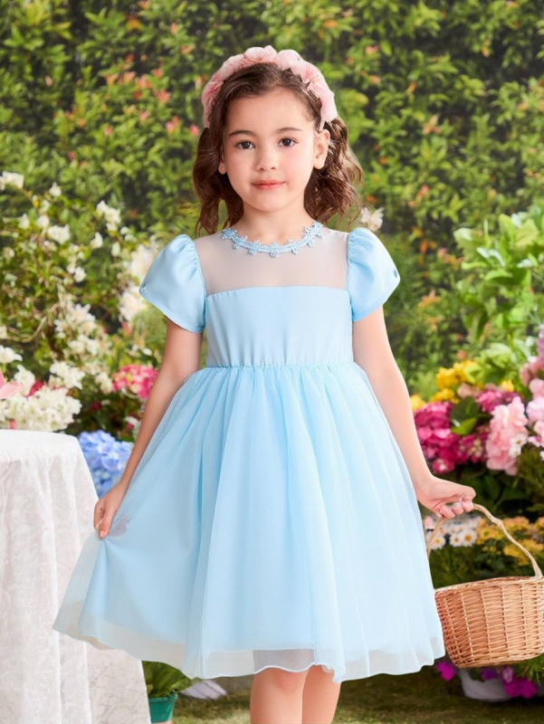 Meitenēm paredzēta mežģīņu tīkla kleita ar princeses piedurknēm, 100% poliestera adīta auduma, A-līnijas siluets, vecums 3–8 gadi