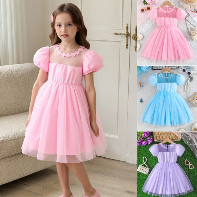 Meitenēm paredzēta mežģīņu tīkla kleita ar princeses piedurknēm, 100% poliestera adīta auduma, A-līnijas siluets, vecums 3–8 gadi