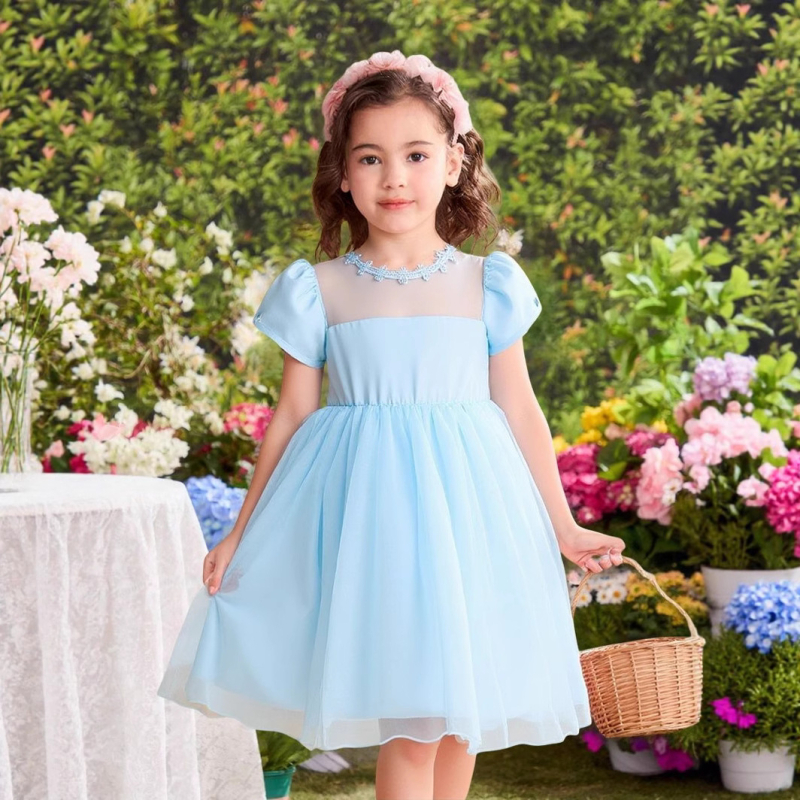 Meitenēm paredzēta mežģīņu tīkla kleita ar princeses piedurknēm, 100% poliestera adīta auduma, A-līnijas siluets, vecums 3–8 gadi