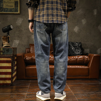 Džinsi japāņu retro stilā, taisns griezums, kokvilnas audums, izmazgātas apdare