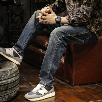 Džinsi japāņu retro stilā, taisns griezums, kokvilnas audums, izmazgātas apdare