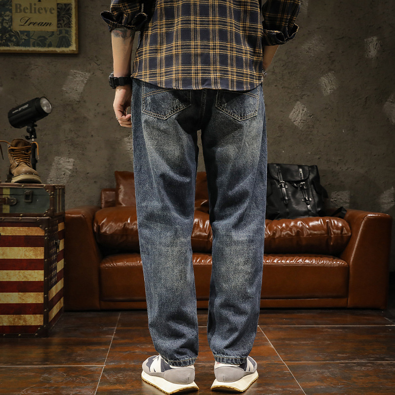 Džinsi japāņu retro stilā, taisns griezums, kokvilnas audums, izmazgātas apdare