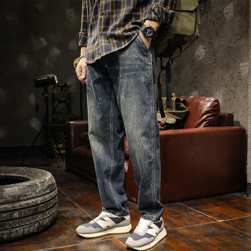 Džinsi japāņu retro stilā, taisns griezums, kokvilnas audums, izmazgātas apdare