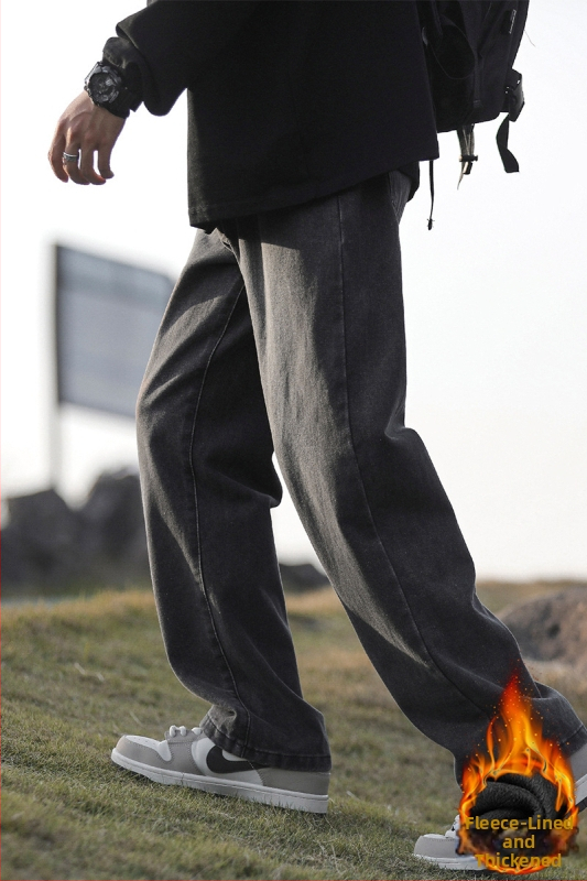 Vīriešu džinsi ar vintage mazgāšanu, brīvs taisns siluets, viduklis vidējā augstumā, kokvilna, mikroelastīgs, ziemas 2024 ikdienas bikses