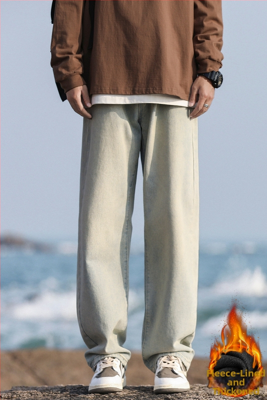 Vīriešu džinsi ar vintage mazgāšanu, brīvs taisns siluets, viduklis vidējā augstumā, kokvilna, mikroelastīgs, ziemas 2024 ikdienas bikses