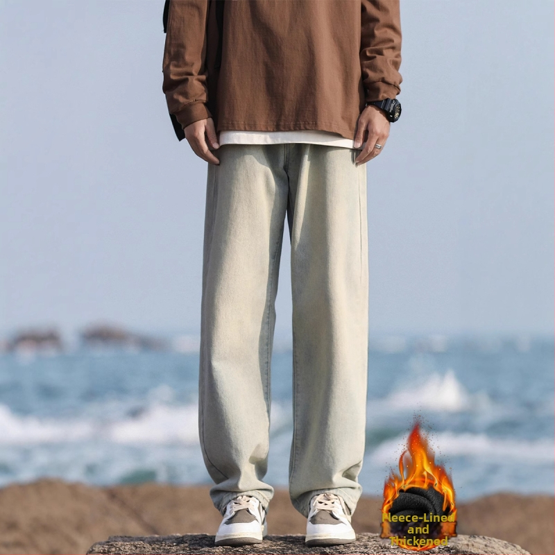 Vīriešu džinsi ar vintage mazgāšanu, brīvs taisns siluets, viduklis vidējā augstumā, kokvilna, mikroelastīgs, ziemas 2024 ikdienas bikses