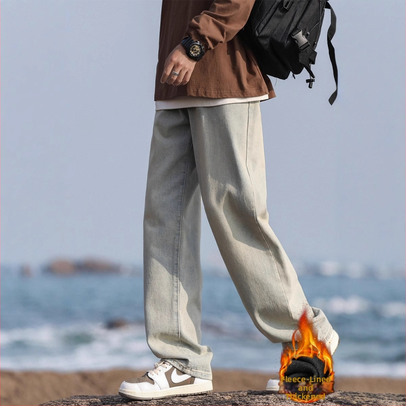 Vīriešu džinsi ar vintage mazgāšanu, brīvs taisns siluets, viduklis vidējā augstumā, kokvilna, mikroelastīgs, ziemas 2024 ikdienas bikses