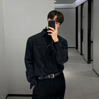 Košula od corduroy, dugi rukav, ovratnik s reverom, slobodan kroj, korejski stil, jednofarban uzorak