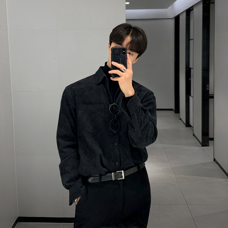 Košula od corduroy, dugi rukav, ovratnik s reverom, slobodan kroj, korejski stil, jednofarban uzorak