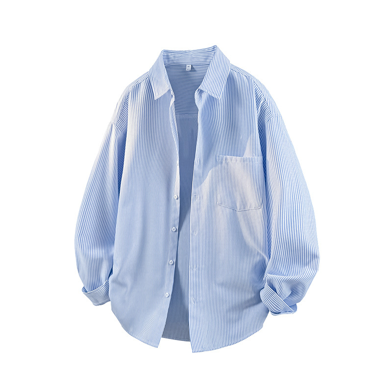 Риза на райета, дълъг ръкав, яка (lapel), корейски стил, свободна кройка, дишаща полиестер-вискоза смес (78.6% полиестер, 21.4% вискоза)