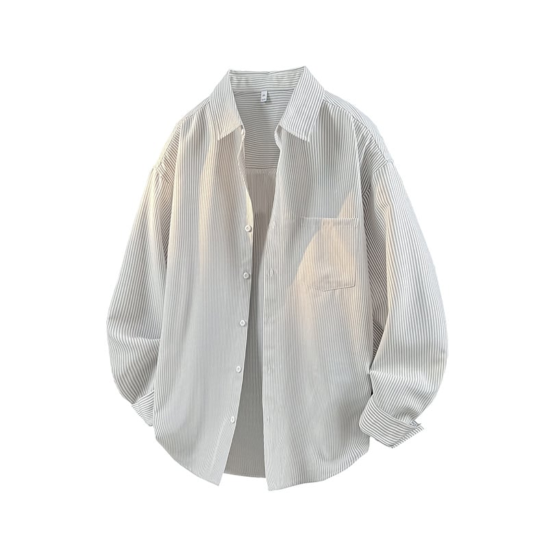 Риза на райета, дълъг ръкав, яка (lapel), корейски стил, свободна кройка, дишаща полиестер-вискоза смес (78.6% полиестер, 21.4% вискоза)