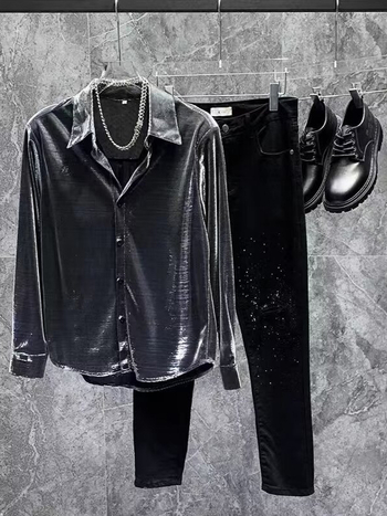 Férfi hosszú ujjú utcai ing kardigán Harajuku stílusban, lazább szabás, poliészter anyag, egyszínű mintázat, zsebes részlet