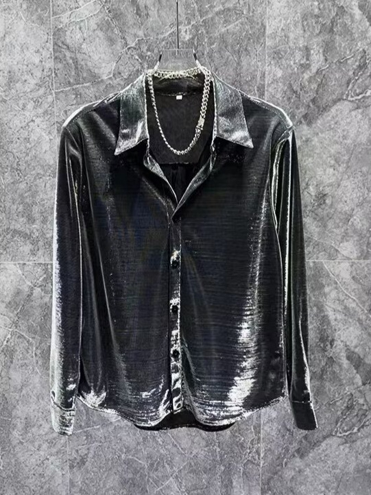 Férfi hosszú ujjú utcai ing kardigán Harajuku stílusban, lazább szabás, poliészter anyag, egyszínű mintázat, zsebes részlet