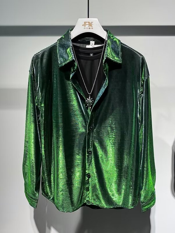 Férfi hosszú ujjú utcai ing kardigán Harajuku stílusban, lazább szabás, poliészter anyag, egyszínű mintázat, zsebes részlet