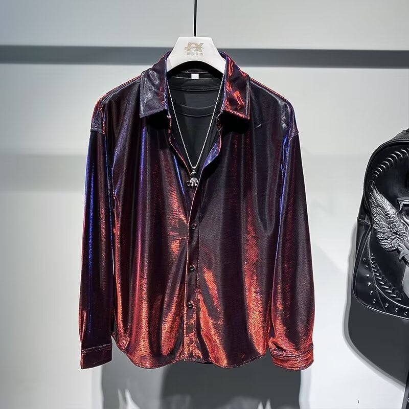 Férfi hosszú ujjú utcai ing kardigán Harajuku stílusban, lazább szabás, poliészter anyag, egyszínű mintázat, zsebes részlet