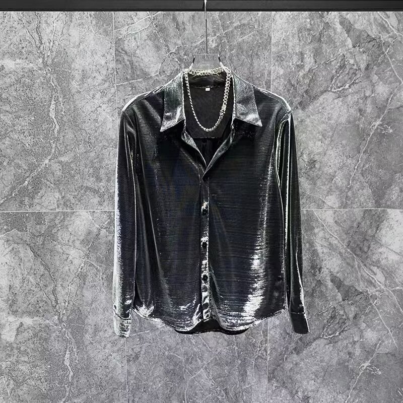 Férfi hosszú ujjú utcai ing kardigán Harajuku stílusban, lazább szabás, poliészter anyag, egyszínű mintázat, zsebes részlet