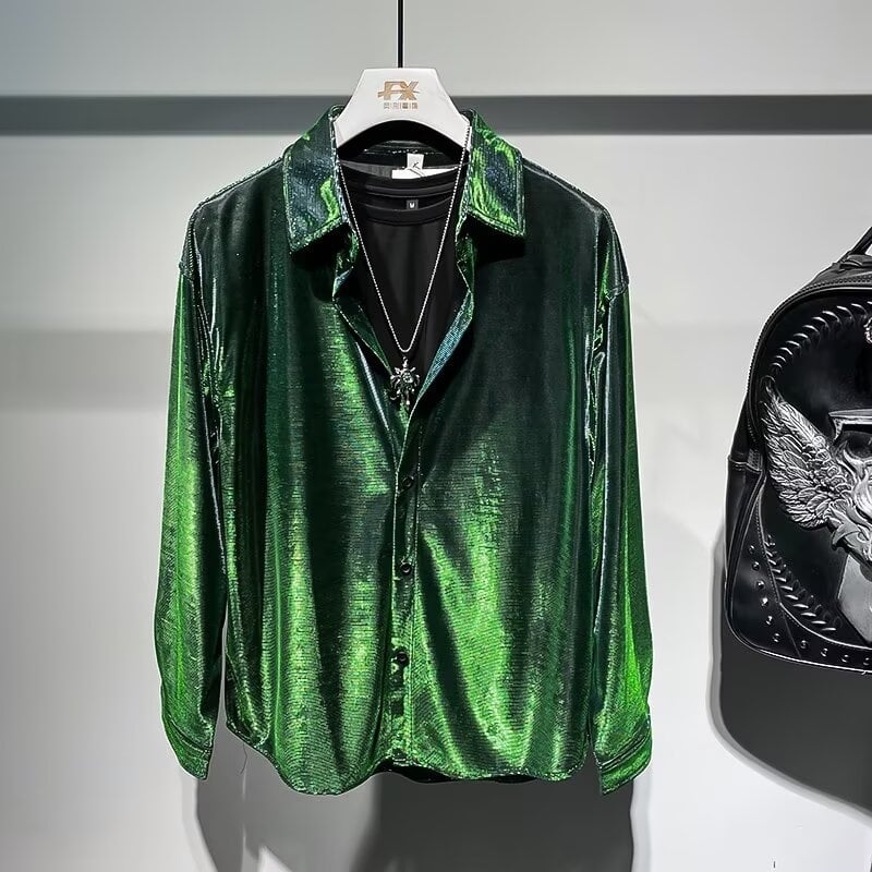 Férfi hosszú ujjú utcai ing kardigán Harajuku stílusban, lazább szabás, poliészter anyag, egyszínű mintázat, zsebes részlet