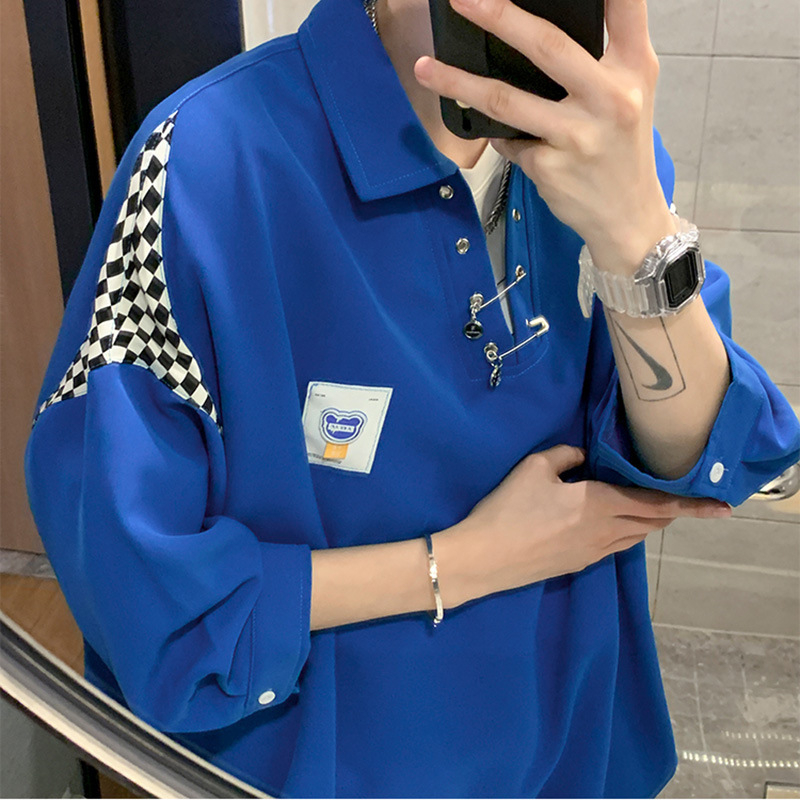 Meeste särk Korea stiilis, pulloveri lõige, ruuduline muster, ¾ varrukad, polüesterkiudude segu