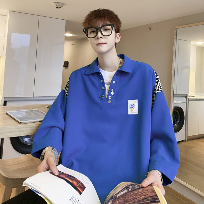 Meeste särk Korea stiilis, pulloveri lõige, ruuduline muster, ¾ varrukad, polüesterkiudude segu