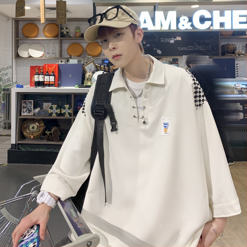 Meeste särk Korea stiilis, pulloveri lõige, ruuduline muster, ¾ varrukad, polüesterkiudude segu