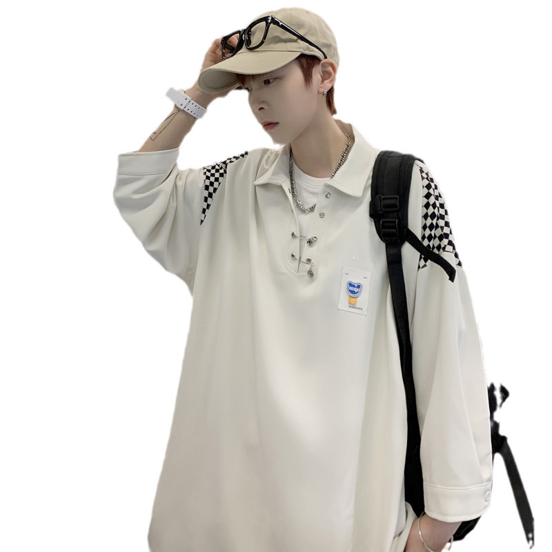 Meeste särk Korea stiilis, pulloveri lõige, ruuduline muster, ¾ varrukad, polüesterkiudude segu