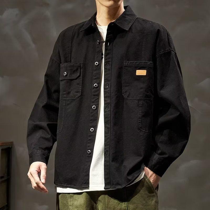 Meeste Harajuku-stiilis laia lõikega särg-jakk, pikkade varrukatega, laperkaelaga, puuvillase segumaterjaliga