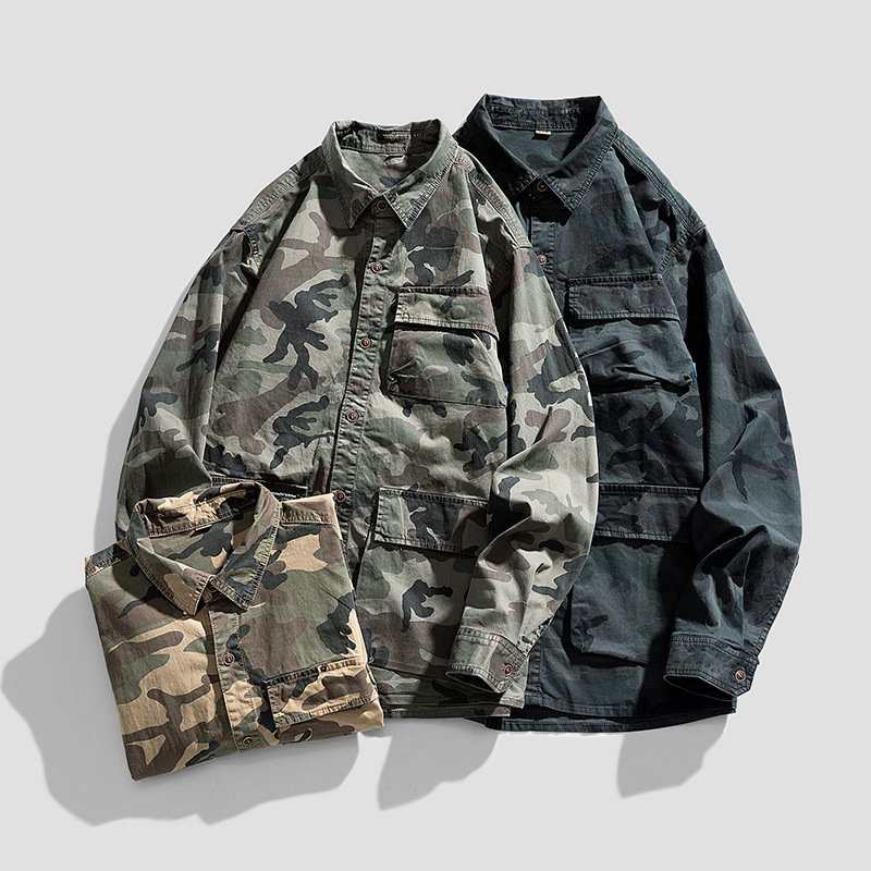 Kamuflaaz-stiilis särk, vaba lõikega, pikad varrukad, krae lapelliga, rayonist kangas