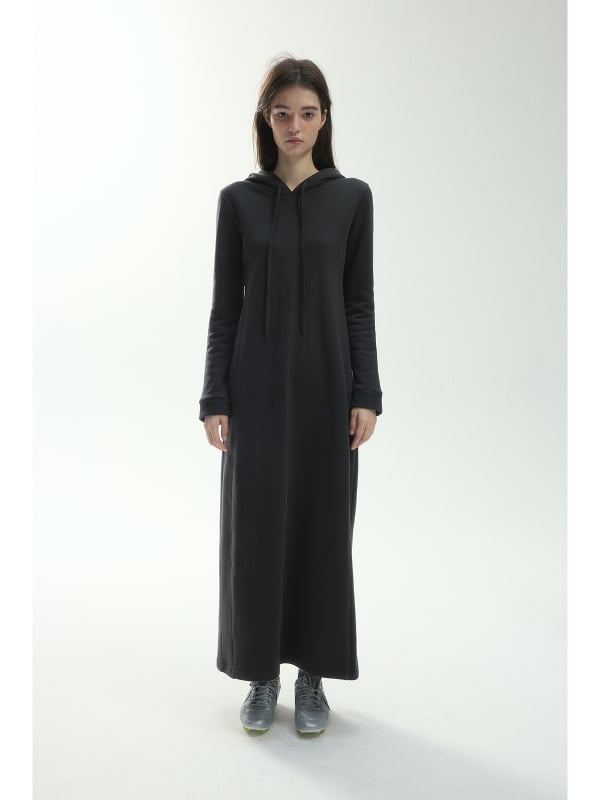 Ženska hooded sweatshirt haljina s kapuljačom, pamuk-poliester mješavina, plišasti fleece, topla, linijski uzorak, visok pas, duga A-linijska haljina