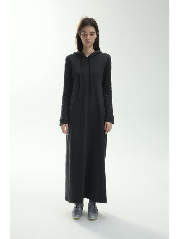 Ženska hooded sweatshirt haljina s kapuljačom, pamuk-poliester mješavina, plišasti fleece, topla, linijski uzorak, visok pas, duga A-linijska haljina