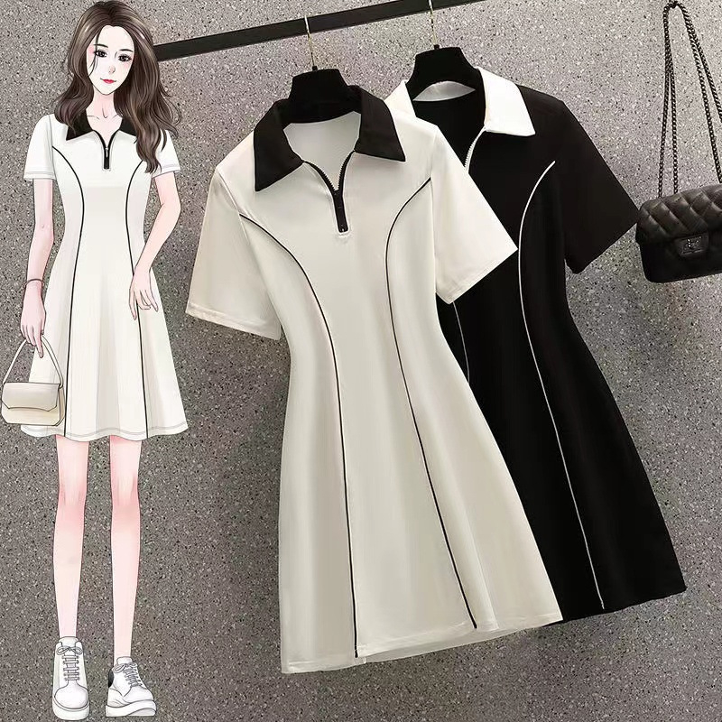 Haljina od milksilk materijala s polo ovratnikom, kratkim rukavima, visokim strukom, midi dužinom