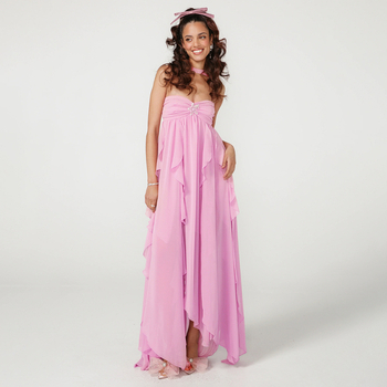 Chiffon haljina s patchworkom, duga, halter vrat, bez rukava, visok struk