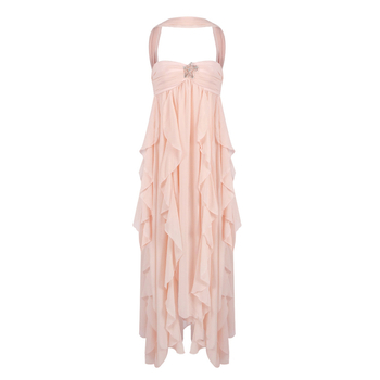 Chiffon haljina s patchworkom, duga, halter vrat, bez rukava, visok struk