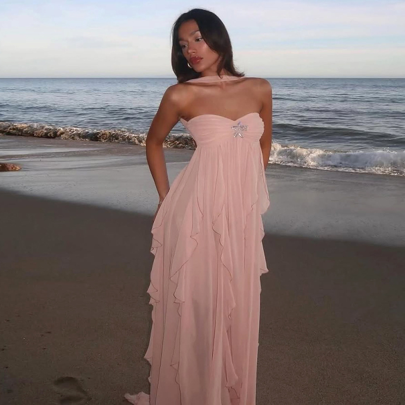 Chiffon haljina s patchworkom, duga, halter vrat, bez rukava, visok struk