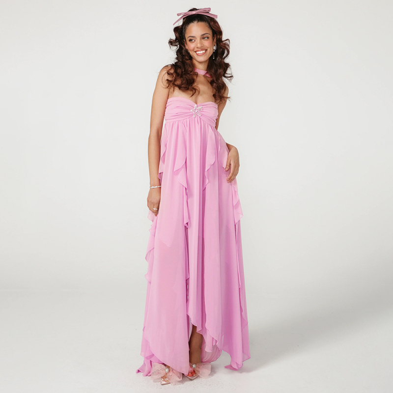 Chiffon haljina s patchworkom, duga, halter vrat, bez rukava, visok struk