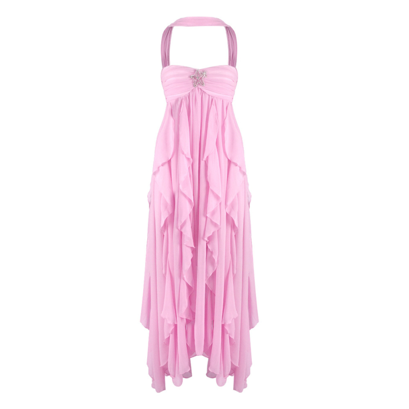Chiffon haljina s patchworkom, duga, halter vrat, bez rukava, visok struk