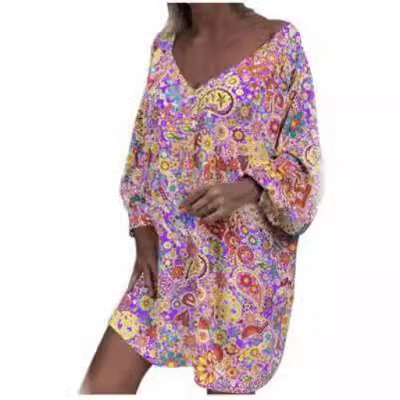 Ženska haljina s V-izrezom, otisak, kratki rukavi, srednja duljina, Plus Size